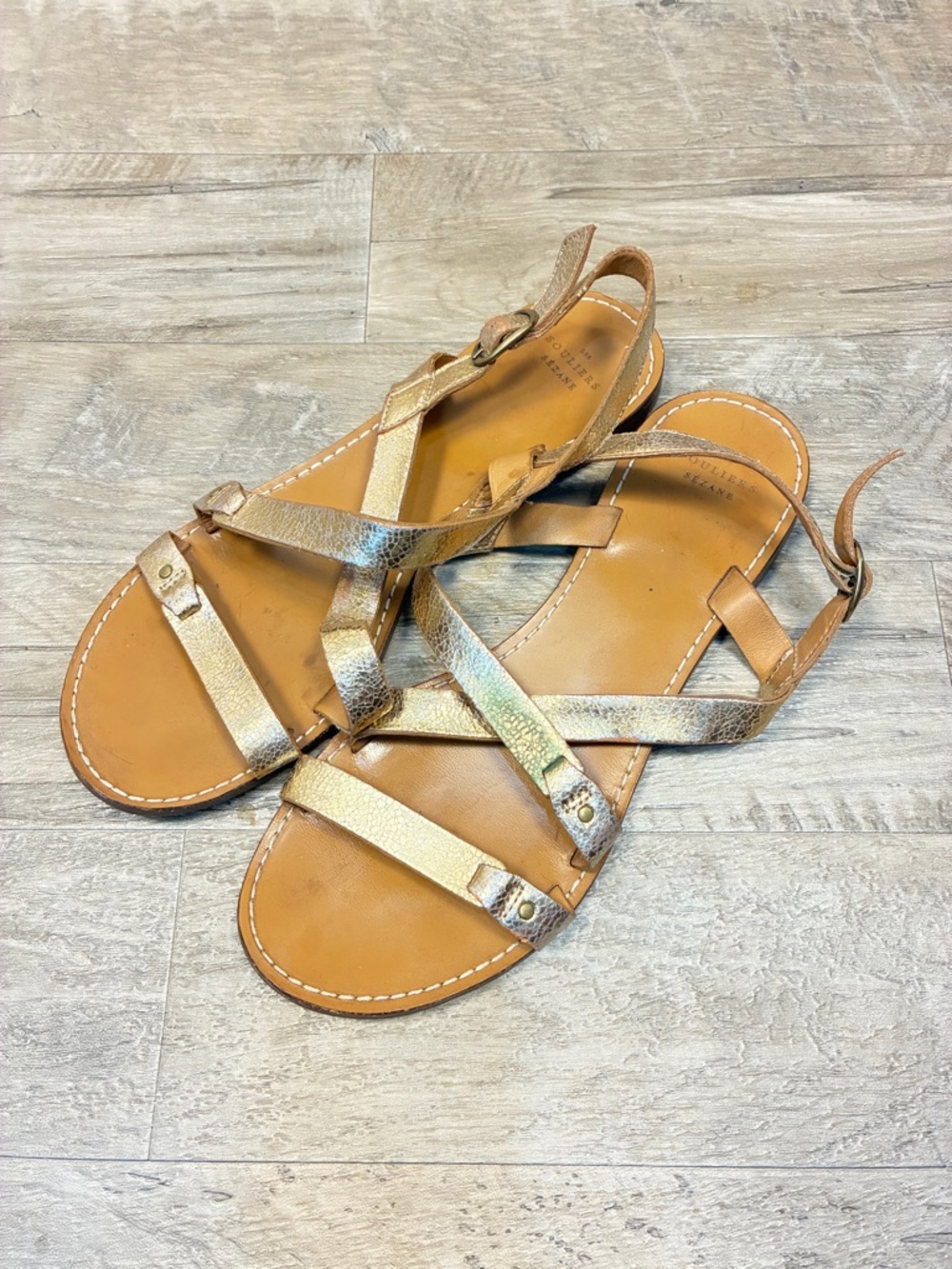 Sezane Ella Gold Strappy Leather Sandals - Picture 2 of 14